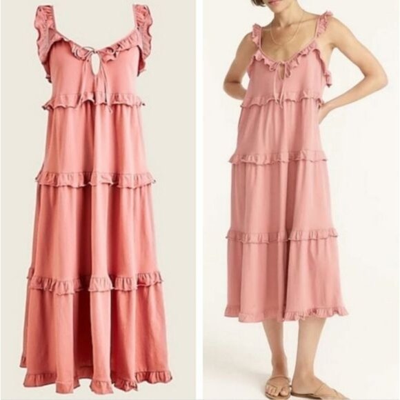 J. Crew Flutter Strap Sleeveless Blush Pink Ruffled Tiered Midi Dress Medium - Picture 1 of 13